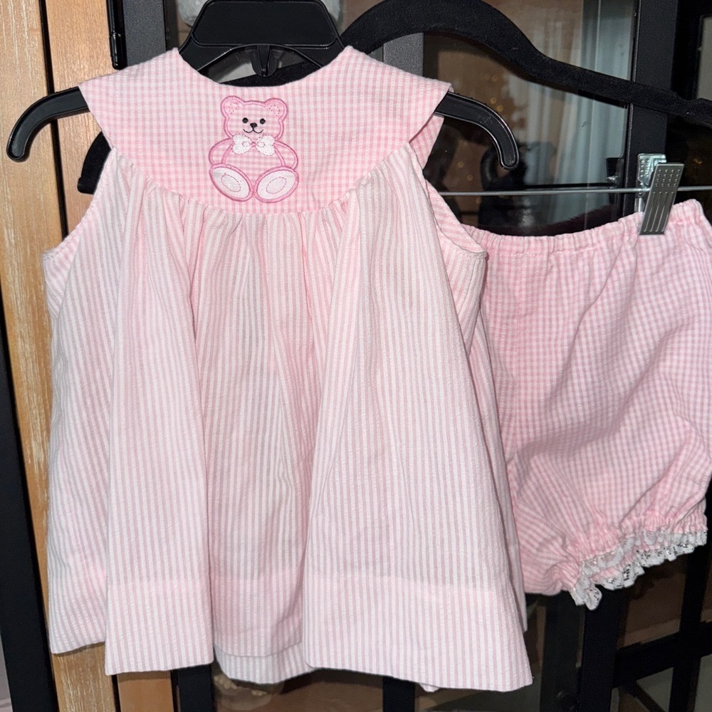 Vintage Teddy Beat set appliqué gingham bloomers shorts toddler girl handmade